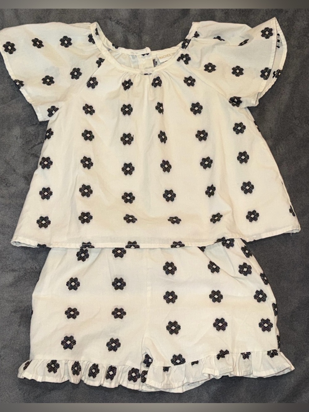 Girls White Set with Black Embroidered Flowers